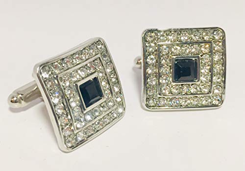 RICH & RARE Luxury Rhinestone Crystal Cuff-Links Classic Silver Square W/Gift Box