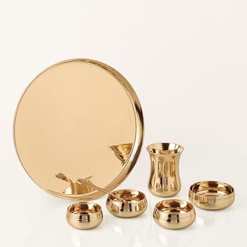 Image of The healing store 7-Piece Kansa Solid Dinner Set|Shine Finish|1 Plate (11.5 inch Thali),3 Bowls,1 Glass,1 Sweet Dish Plate,1 Spoon | Bronze Kansa Dinner Set 7 Shine Polish