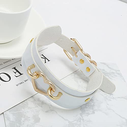 Aabellay Breit Lederhalsband Halskette Herz Form Damen Leder Choker Metall Ring Halsband Gotik Punk Rock Lederband Einstellbar Kragen - Weiß mit Gold Herz