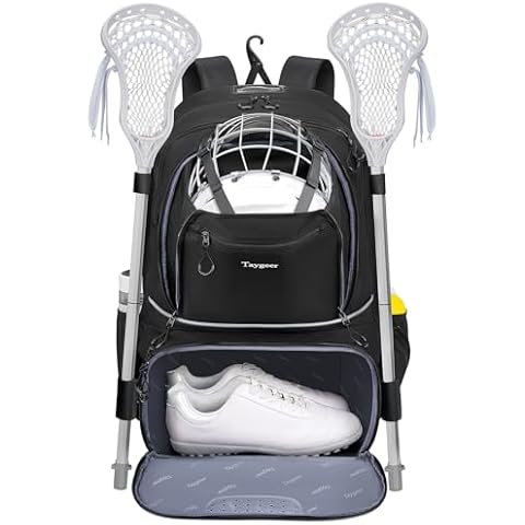 Taygeer Lacrosse Bag with 2 Stick Holders, Extra Large Lacrosse Backpack Bag with Helmet Holder, Field Hockey Bag for All Lacrosse Gear- Separate Cleats Shoe Compartment Black Cover