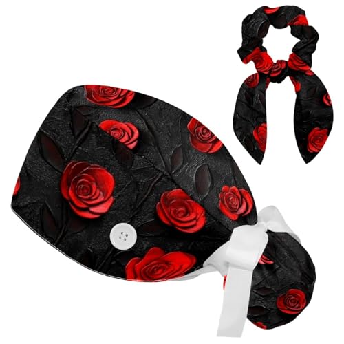 Image of Red Blooming Rose Flowers Black Working Cap with Scrunchy and Ribbon Tie for Women, Long Hair