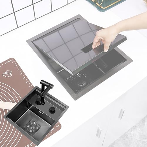 隠しドロップインキッチンシンク、蛇口コンボバー&準備シンク、ステンレススチールシングルボウルアンダーマウントブラックモダン小型排水ストレーナーセットカバー、RVホテル用