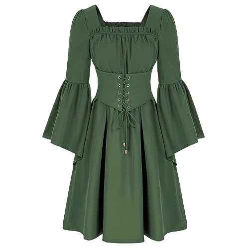 Badekleider Damen Gothic Kleid Damen Vintage Schwarz Mittelalterliches Kleid Mit Trompetenärmeln Gebundene Taille Kleid Halloween Karneval Kostüm...