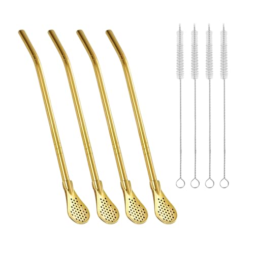 4 Pack Removable Stainless Steel Straw Filter Spoon & 4 Cleaning Brushes, Yerba Mate Straws Bombilla, Reusable Drinking Stir Sticks, Metal Stirrer for Coffee Loose Tea Cocktail (Gold)