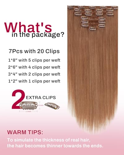 Image of Moresoo Clip in Hair Extensions Copper Brown Human Hair 16 inch 120g 7pcs | Human hair clip in extensions, soft ginger copper brown finish, double weft, silky straight texture for party-ready volume