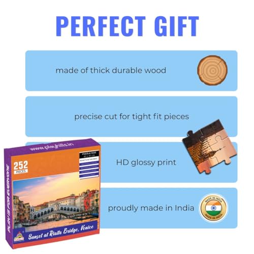 Image of Sunset Rialto Bridge Venice 252 Piece Wooden Jigsaw Puzzle for Kids 10+ | Travel & Architecture Learning Game | Eco-Friendly Educational Puzzle, Gift Box - World Wonders Series