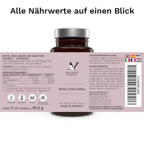 Biotin, Zink & Selen - 10000 µg Biotin, 10 mg Zink-Bisglycinat, 55 µg Selen - 365 vegane Tabletten - Haar-Vitamine im Jahresvorrat - für Haare, Haut & Nägel - ohne Zusatzstoffe - Balanced Vitality