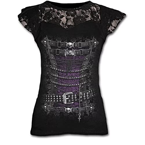 Image of Plus Size Goth Graphic Lace T Shirts for Women Gothic Clothing Black Grunge Punk Tees Ladies Short Sleeve Tops Summer Tshirt