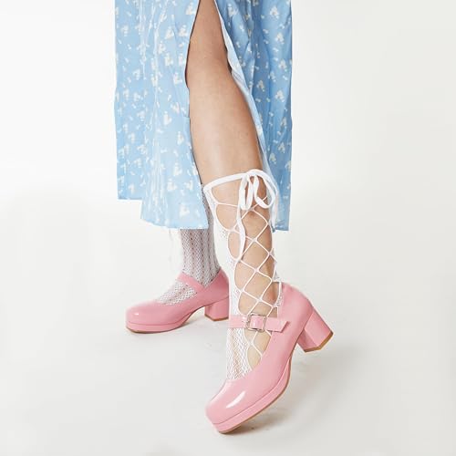 Image of femflame Women's Low Chunky Heel Mary Jane Pumps Ankle Buckle Strap Sweet Round Toe Dress Shoes JK Cosplay Uniform Dress Shoes