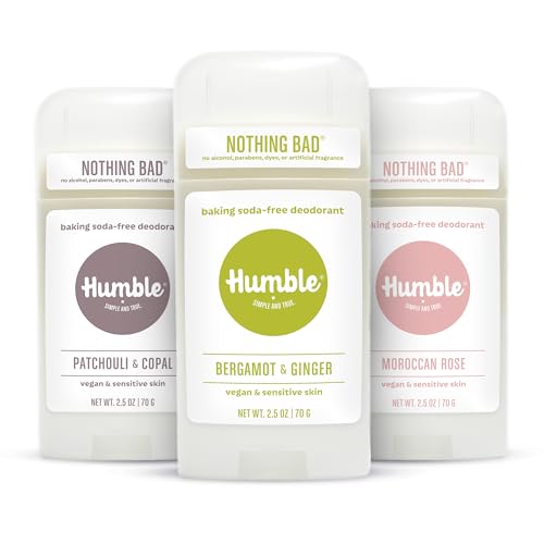 Image of Humble Aluminum-Free Deodorant, Patchouli, Bergamot, Moroccan Rose - 3 Pack | Baking Soda-Free, Clean, Fresh, Natural, Essential Oils, Sensitive Skin, Long-Lasting Odor Control, Cruelty-Free, Men & Women