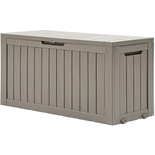 DWVO 270L Aufbewahrungsbox aus Resin mit Rollen Wasserdichte Gartenbox für Terrassenkissen Sportgeräte & Gartengeräte Abschließbar Hellbraun