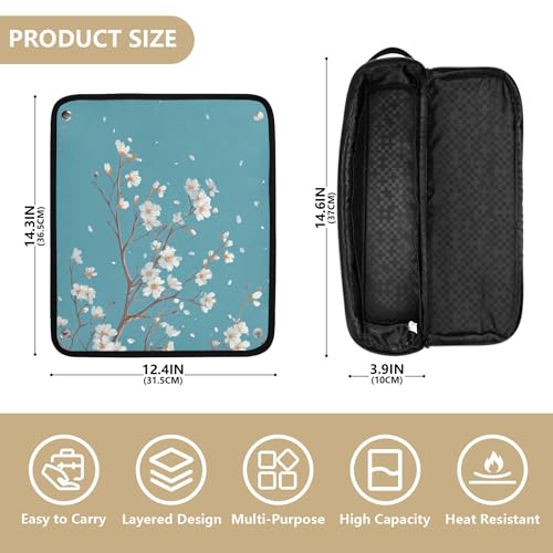 Estuche de viaje 2 en 1 para rizador con almohadilla resistente al calor y organizador para plancha de pelo, rizador, secador de cabello, diseño White Blossoms Teal miniatura 4