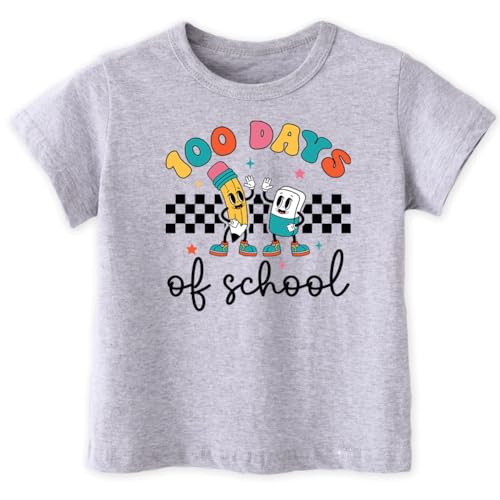Image of Kids Little Boys Girls 100 Days of School Shirt Short Sleeve Funny Graphic Letters Print Celebration Top