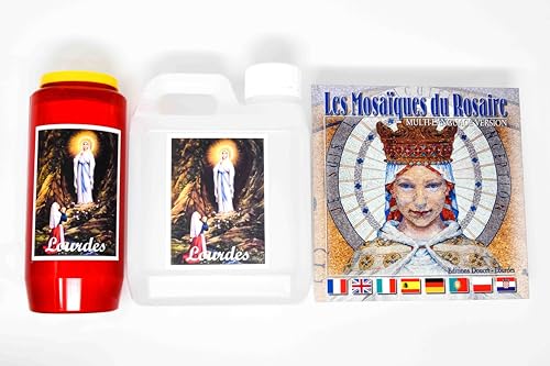 Lourdes Holy Water - 1L with Image & 7 Day/7 Night Red Candle with Image - Mosaics of the Rosary Book
