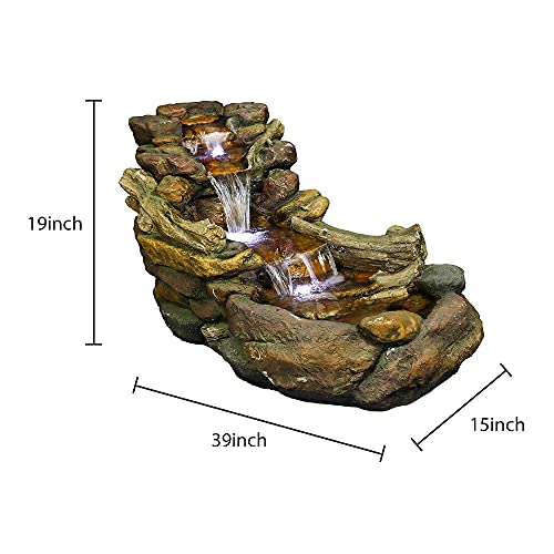 Image of SunJet Cascading Outdoor Rock Water Fountain with LED Lights - 39 inch L x 15 inch W x 19 inch H Creek Waterfall Feature for Home Garden, Yard, Patio, Deck Decor - Soothing Tranquility Floor-Standing Fountains