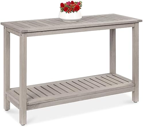 Best Choice Products 48in 2-Shelf Eucalyptus Wooden Console Table Indoor Outdoor Multifunctional Buffet Bar Storage Organizer w/Foot Sliders - Gray