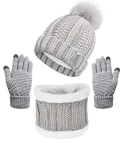 Joligiao Donna Cappello Sciarpa Guanti Invernali Set Cappelli Berretto in Maglia da Donna Sciarpa Fodera in Pile Invernali Guanti Touch Screen Invernale Thermal Winter Set(grigio,Taglia unica)
