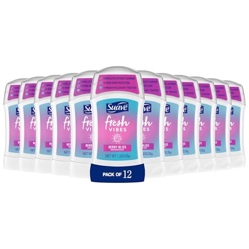 Suave Fresh Vibes Deodorant Stick Berry Bliss Aluminum Free 48 Hour Deodorant Protection Dermatologist Tested Body Deodorant 1.2 OZ(Pack of 12)