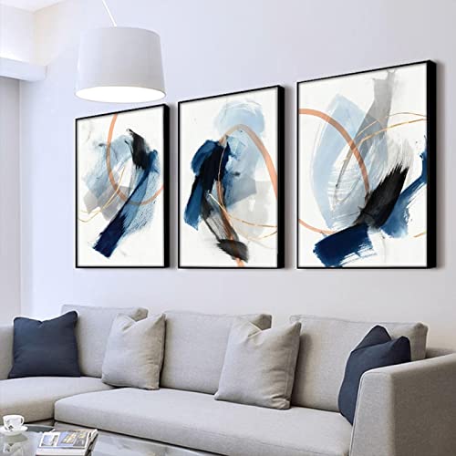 Peinture abstraite bleue et blanche HYFBH | Triptyque art mural scandinave 30x45cm encadré