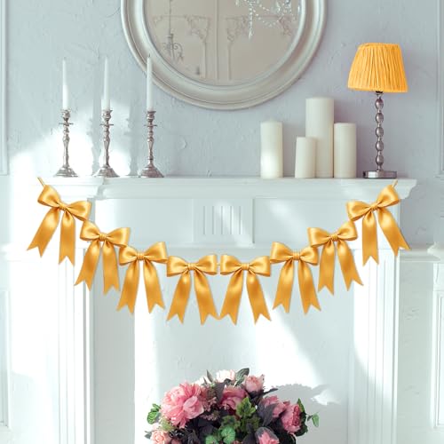 Image of 2 Strings of 16PCS Golden Bow Garlands Banner Decoration,Pre-Strung Satin Ribbon Ornaments for Birthday,Bachelorette Party,Bridal Shower,Wedding,Engagement,Baby Shower,Graduation Decor,Anniversary