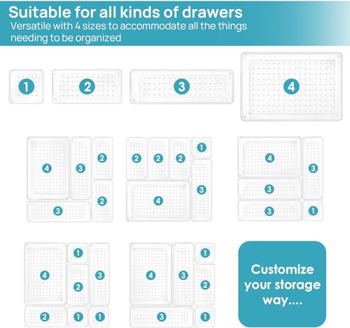 Image of Arto Clear Transparent Acrylic Drawer Organizer Set with Various Size for Bathroom,Bedroom Dresser,Cosmetics Makeup,Kitchen Utensil,Office,Stationery,Drawer Tray Dividers,Vanity Trays (Set of 9)