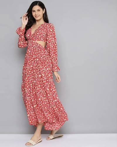 Image of LADILA ENTERPRISE Red Floral Waist Cut-Out Maxi Dress