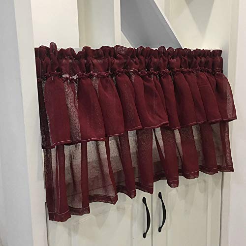 Gxi Ruffle Pure Burgundy Curtain Valance for Kitchen Linen Look Rod Pocket Solid Sheer Voile Panel for Cafe Window Curtain Tier for Small Windows Bath, W39 x L31 Inch, 1 Panel
