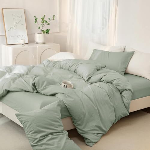 Image of Viewstar Premium Cotton Duvet Cover, King Size 91x101 Inches, 300 Thread Count, Ultra-Soft, Wrinkle-Free, Cotton-Quilt /Comforter Zipper Cover (Sage Green)
