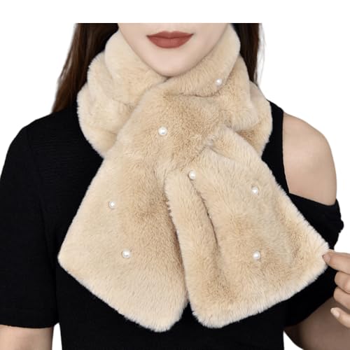 Faux Fur Collar Scarf for Women Thick Warm Winter Solid Color Plush Scarf with Pearl Accents Fall Winter Bib