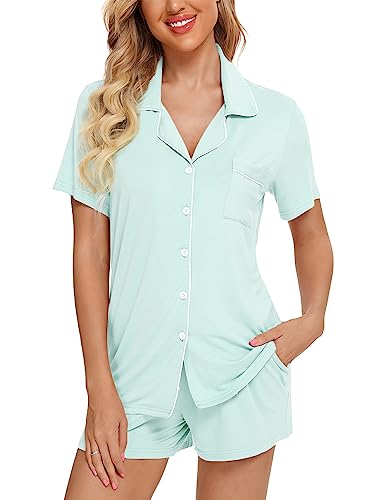 Image of Pjmlifecoco Women's Modal Pajama Set Short Sleeve Button Down Two Piece Soft Sleepwear with Shorts Loungewear S-XXL