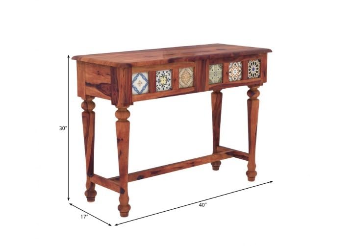 Image of Solid Wood Console Table with Handcrafted Ceramic Tile Design for Living Room, Entryway, Hallway & Bedroom | Wooden Accent Sofa Side Table | Natural Brown Finish | 40 x 17 x 30 Inch