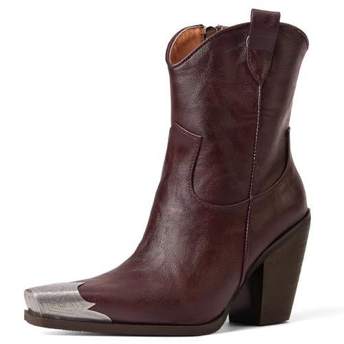 Image of Cowboy Ankle Boots for Women Engraved Steel Toe Cowgirl Boots Stacked Block Heels Short Cowboy Boot Fashion Dressy Western Country Booties