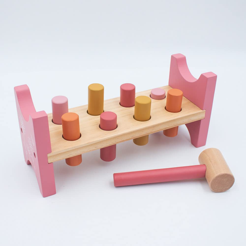 jumini Banc marteau en bois avec marteau en bois et 8 piquets en bois - Excellent cadeau pour bébé de 12 mois, 1, 2, 3 et 4 ans - Couleurs pastel rétro (fleur rose)