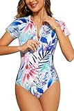 SHEKINI Frauen Kurzarm Rash Guard Schutz Reißverschluss Surfen Einteiliger Badeanzug (M, Aquarell)