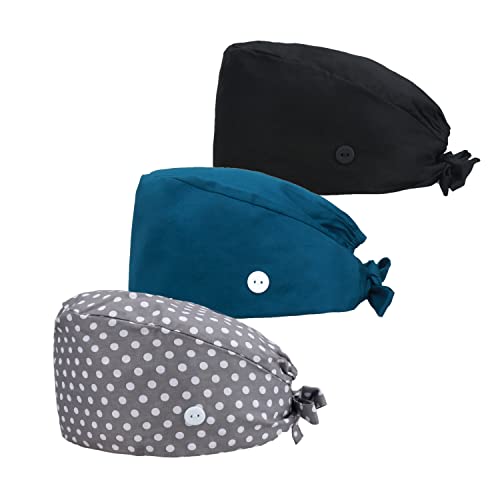 QBA Adjustable Working Cap with Button, 3 PCS, Cotton Working Hat Sweatband, Elastic Bandage Tie Back Hats for Women & Men, One Size, Black+Teal+Grey Dots