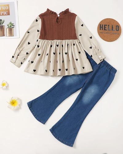 Image of SODLON Kids Toddler Girl Clothes Winter Outfits Shirt Top Bell Bottom Jeans Denim Pants Set Little Girl Fall Spring Clothing
