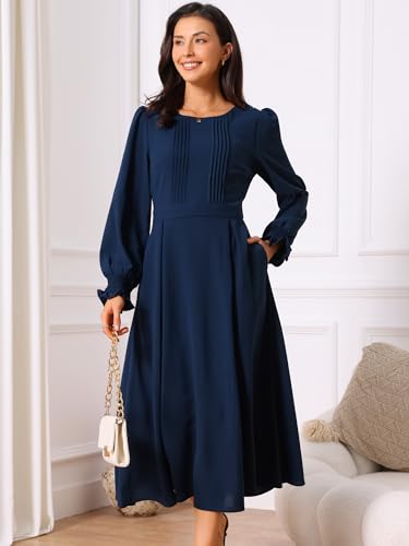 Image of Seta T Women's Fall Dress Frilled Long Sleeve A-Line Casual Midi Dresses | Crewneck, Smocked Cuff, Front Pleated, Pockets, Flowy and Lightweight, Party Elegant Outfit 2026
