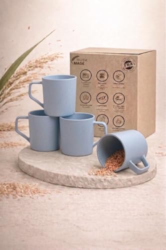 Image of Coffee Mug Set Made with Rice Husk & Bio Composite Material | TurtleBrew Coffee Mug Travel | Microwave & Dishwasher Safe | Light Blue | 200 ml | Pack of 4