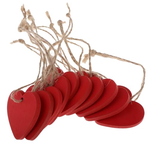 Red Wooden Love Hearts (10 Pack) with String – Durable & Lightweight Painted MDF Wood Heart Shapes (4cm x 4cm) with a Pre-Drilled Hole for Hanging - Decorations, Weddings, Anniversaries & Valentines
