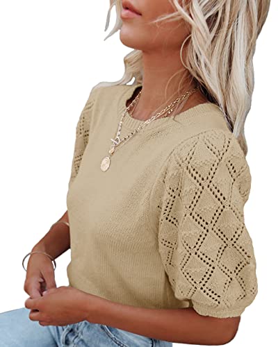 Image of Womens Short Sleeve Sweaters Crewneck Knit Pullover Tops 2025 Summer Casual Lightweight Crochet Blouse Shirt