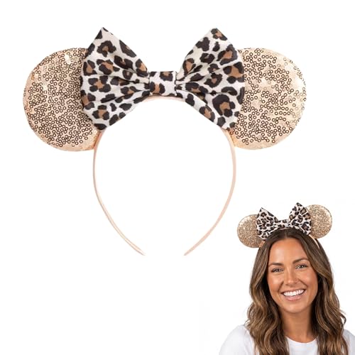ASHONE Mouse Ears Headbands for Women Groups Mouse Ears Shiny Bows for Birthday Themed Events Accessories Party (Gold Leopard Onesize)