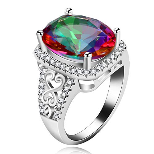 Uloveido White Gold Plated Multicolor Crystal Promise Anniversary Rings, Oval Cubic Zirconia Big Stone Cocktail Engagement Rings for Women Size 10 Y585