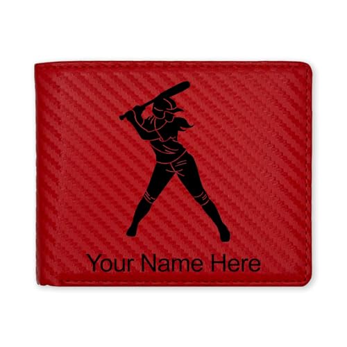LaserGram Faux Leather Bi-Fold Wallet, Softball Player Woman, Personalized Engraving Included (Carbon Fiber Red)