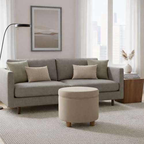 Image of HomePop Home Decor | Upholstered Round Storage Ottoman | Ottoman with Storage for Living Room & Bedroom, Fawn Gray Velvet, Large