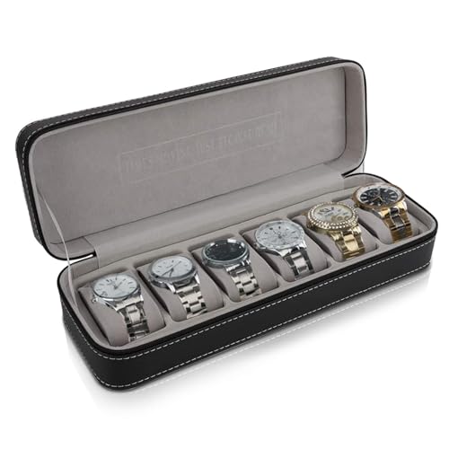 Agatige Caja De Reloj De Cuero De PU Con 6 Ranuras, Bandeja Organizadora Para Reloj Con Compartimentos Separados, Cojín Extraíble Para Reloj, Caja De Joyería De Cuero De PU Y Forro De Terciop