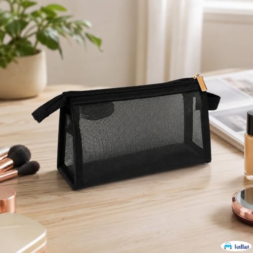 Image of FunBlast Mesh Pencil Case with Smooth Zipper, Single Layer Multi-Purpose Stationary & Pen Pouch for Boys & Girls, Transparent Stationary Bag, Organizer Pouch for Student (Black-D)
