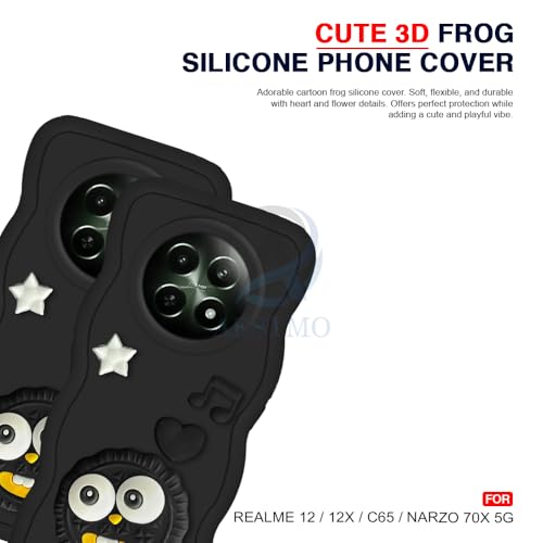 Image of AESTMO Back Case Cover for Realme 12 / 12X / C65 / Narzo 70X 3D Cute Fun Cartoon Characters | Anti Slip Grip Cute Wave Curly Frame Shape | Back Cover for Realme 12 / 12X / C65 / Narzo 70X (Black)