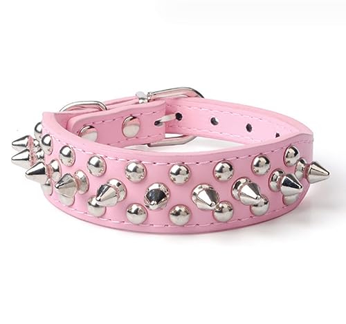 Collare per cani in pelle PU con borchie, rivetti per pitbull, collare regolabile (rosa, 27-32 cm)