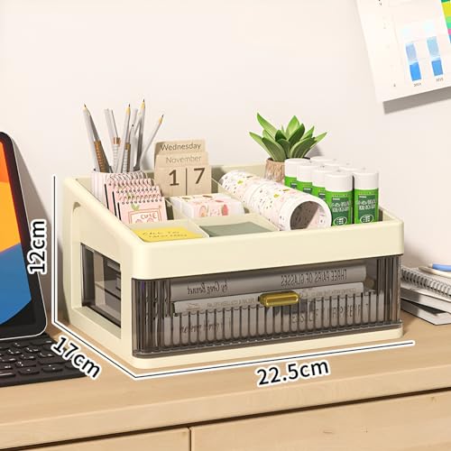 Image of HoopVool Desk Makeup Organizer, Plastic Storage Box with Sliding Drawer, Stylish Display Case for Cosmetics, Lotion, Nail Polish,Brushes,and Jewelry (1 - Layer, Cream)