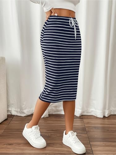 ebossy Women's Casual Striped Side Slit Drawstring Midi Skirts Rib Knit Stretchy Bodycon Pencil Skirts2